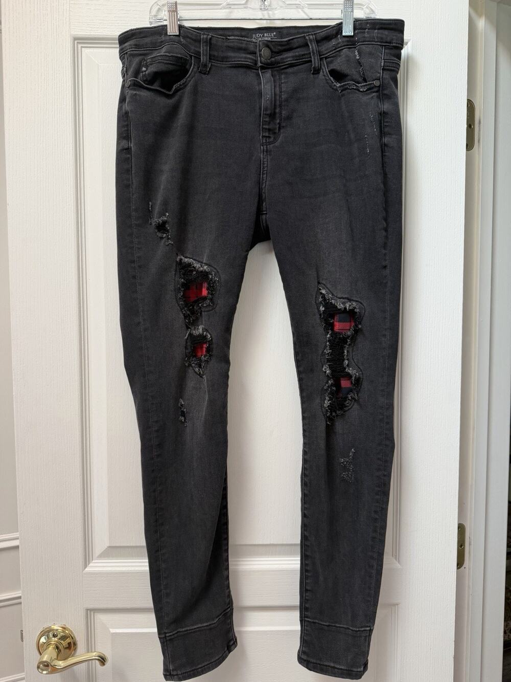 Judy Blue Size 15 Black Distressed Skinny Jeans Buffalo Plaid Patch Cuff Grunge